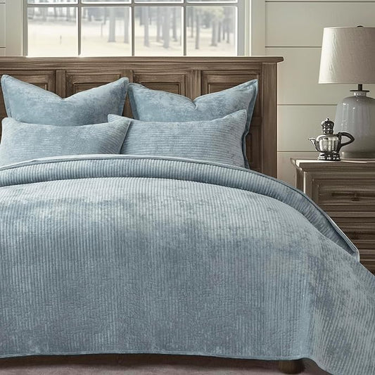 EverGrace Striped Channel Velvet Quilt Set, Queen Size, Blue Linen | Luxurious Soft Lightweight Velvet Comforter, Oversized Bedspread Coverlet, Quilted Bedding Set for All Season, with 2 Shams