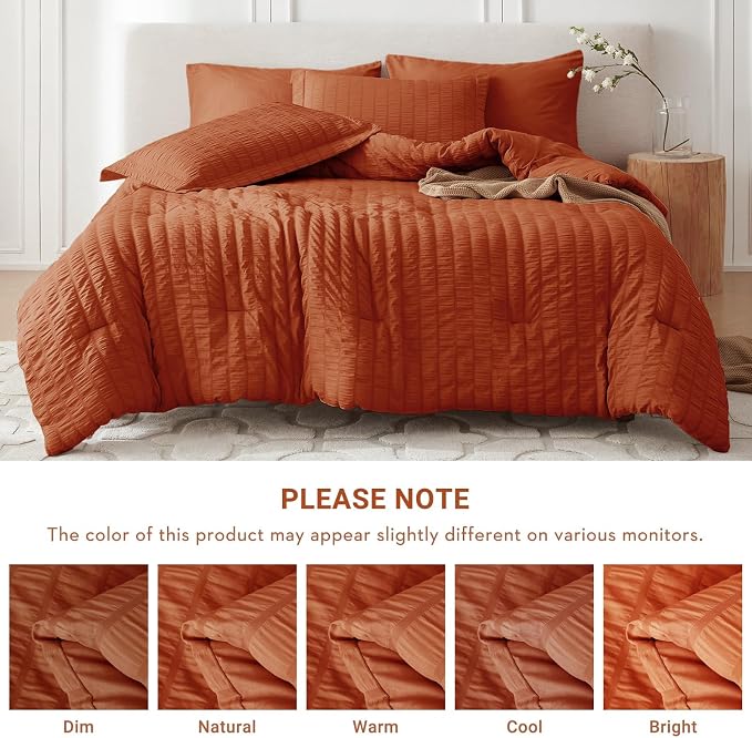 7 Pieces King Comforter Set, Seersucker Bed in a Bag King Size, All Season Luxury Bedding Set with Comforter, Flat Sheet, Fitted Sheet, Pillowcases & Shams, Burnt Orange