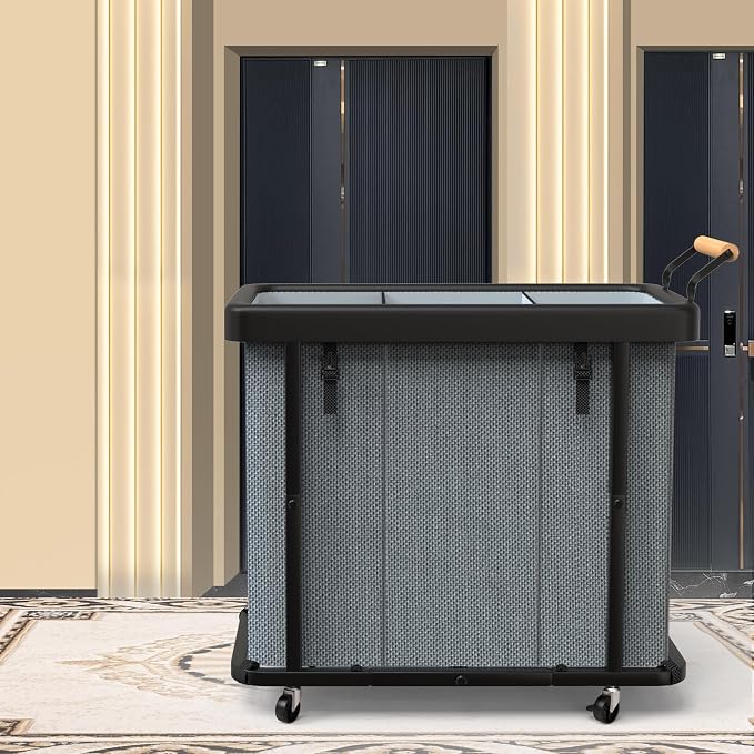 Laundry Hamper 3 Section with Lid,230L Rolling Dirty Clothes Hamper Grey | Laundry Basket with Wheels,Laundry Organizer Storage Cart with Sturdy Metal Frame and Wooden Handle for Laundry Room, Hotel