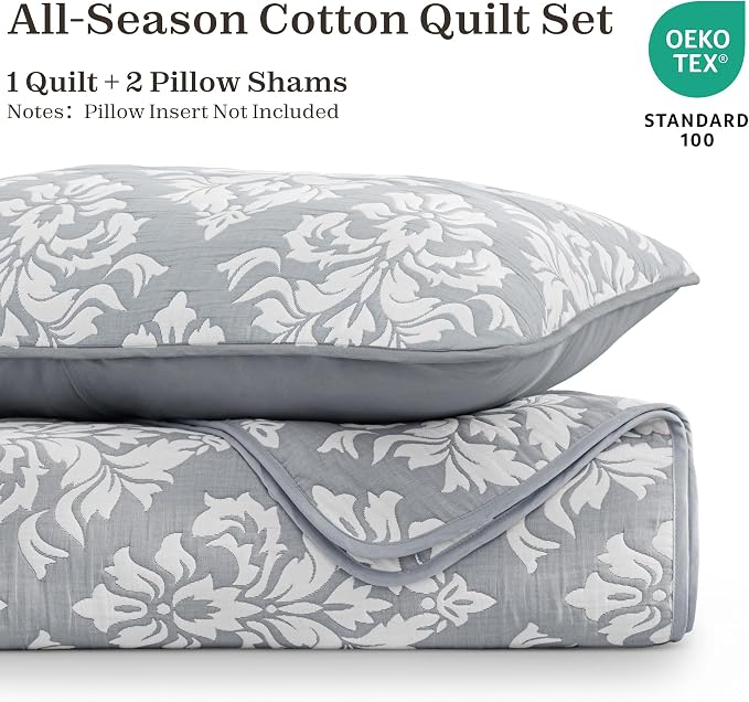 Exclusivo Mezcla Cotton Quilts King Size Grey | Soft Lightweight Bedspread, Breathable Prewashed Yarn Dyed Muslin, All Season Bedding Set, Boho Coverlet With 2 Pillow Shams