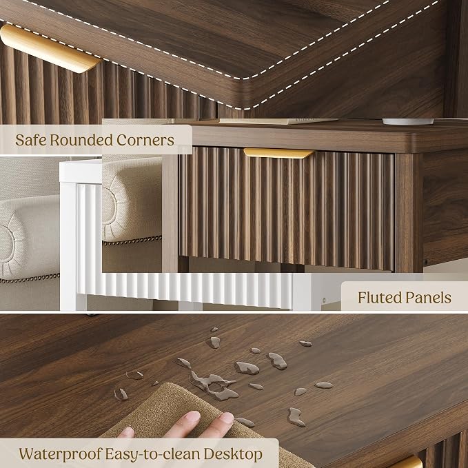 Night Stand Set 2, Fluted Wood Nightstands w/Charging Station for Bedroom | Walnut, Storage Drawer, Open Shelf, Metal Silent Rails, Round Corners, Modern Fluted Panel, Living Room, Bedside Table