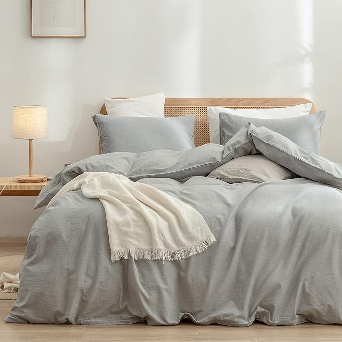 BESTOUCH Cotton Solid Duvet Cover Set Linen Feel Light Grey Oversized Queen | 100% Washed Cotton, Soft Wrinkle Texture, Hidden Zipper, 8 Ties, Breathable Lightweight Durable Comfy, 3 Pcs No Insert