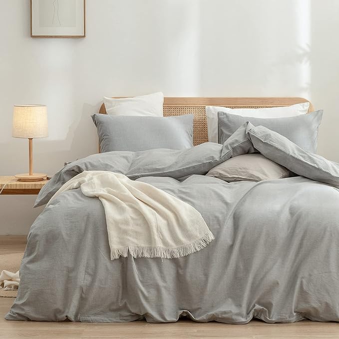 BESTOUCH Cotton Solid Duvet Cover Set Linen Feel Light Grey Queen | 100% Washed Cotton, Soft Wrinkle Texture, Hidden Zipper, 8 Ties, Breathable Lightweight Durable Comfy, 3 Pcs No Insert