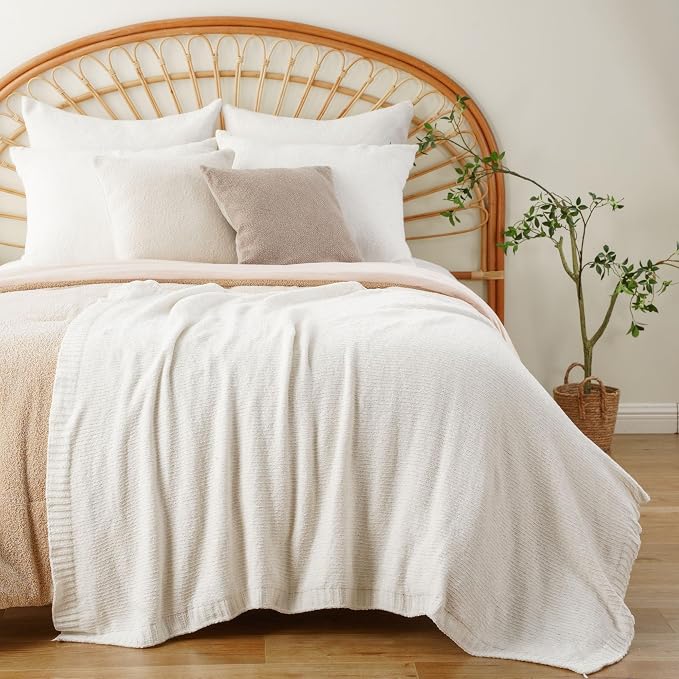 Chenille Throw Blanket for Couch, Knit Throw Blanket 51"x67", Ivory White | Shiny White Chenille Blanket, Neutral Throw Blanket, Soft Midweight Knitted Blanket for Sofa Bed Home Decor