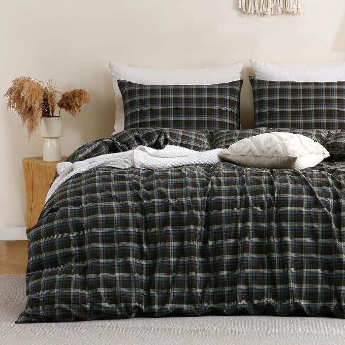 TOCOMOA Buffalo Plaid Duvet Cover Set 100% Washed Cotton Like Linen, Queen | Linen-Like Feel Soft, Breathable & Comfy for All Season. Brown Blue Bedding Set with Zipper & 8 Ties. 3 Pcs, No Insert