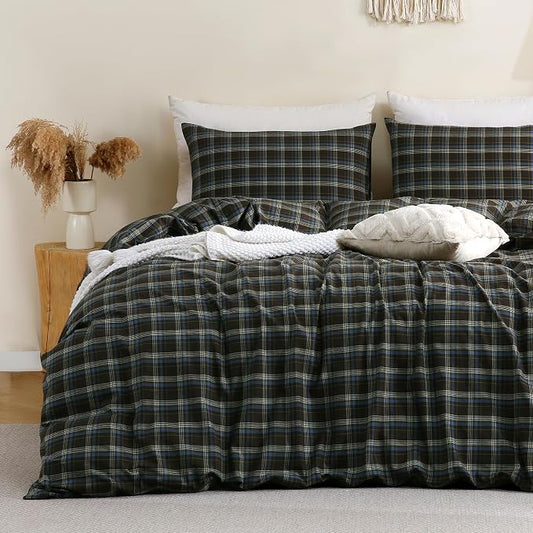 TOCOMOA Buffalo Plaid Duvet Cover Set 100% Washed Cotton Like Linen, Queen | Linen-Like Feel Soft, Breathable & Comfy for All Season. Brown Blue Bedding Set with Zipper & 8 Ties. 3 Pcs, No Insert
