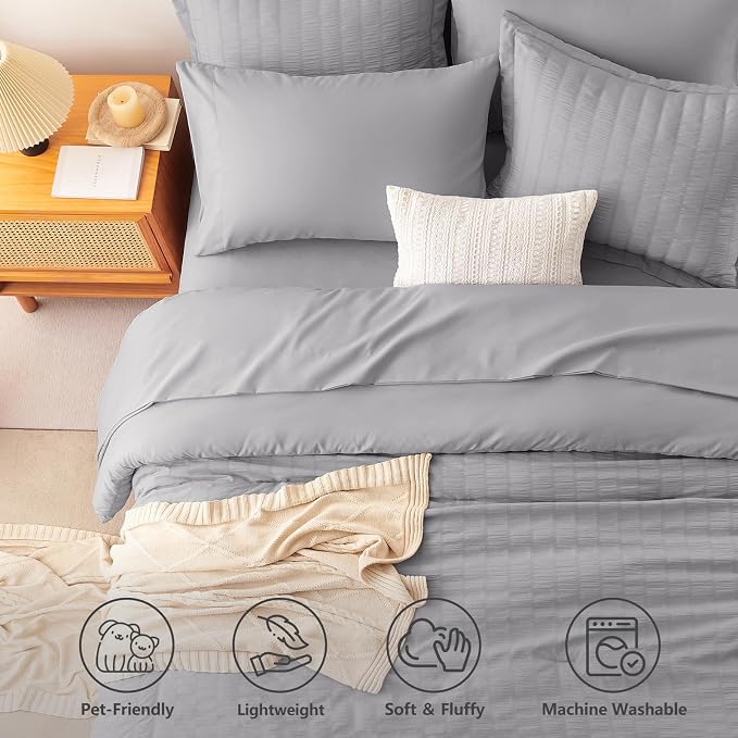 Queen Comforter Set, 7 Pieces Grey Seersucker Bed in a Bag | OEKO-TEX Certified, All Season Bedding Set with 240 GSM Down Alternative Comforter, Flat & Fitted Sheets, Pillowcases & Shams