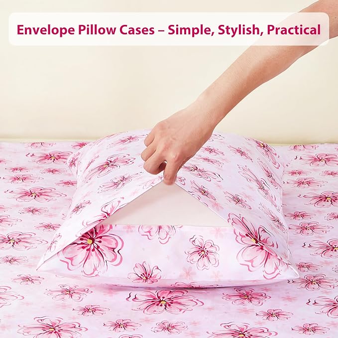 Softan Pink Floral Full Sheet Set, Cozy Printed Microfiber Bed Fitted Sheets with 15" Deep Pocket & Non-Slip Corner Straps, Girls Cherry Blossom Flower Patterned Double Sheets & Pillowcase Set