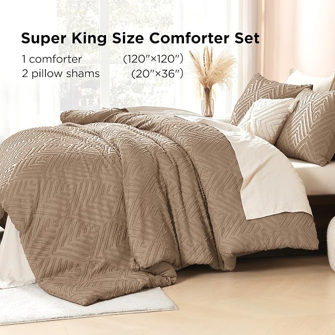 Litanika Super King Size Comforter Set, 3 Pcs Taupe Tufted Boho Bedding Set | Farmhouse Shabby Chic Vintage Bohemian Textured Aesthetic Soft Fluffy Lightweight Breathable All Season Bed Set
