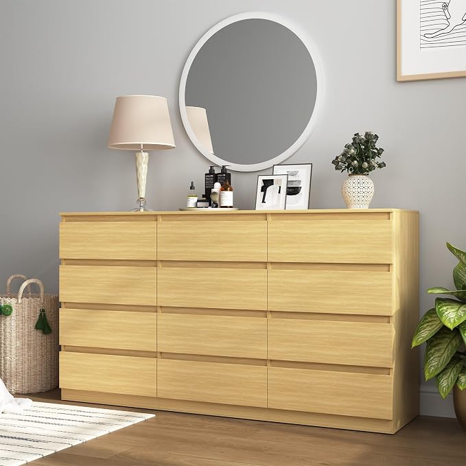 Vibe & Dine 12 Drawer Dresser, 59.1" Large Dresser for Bedroom Free Handle, Modern Wooden Chest of Drawers with Wide Storage for Living Room, Natural Wood