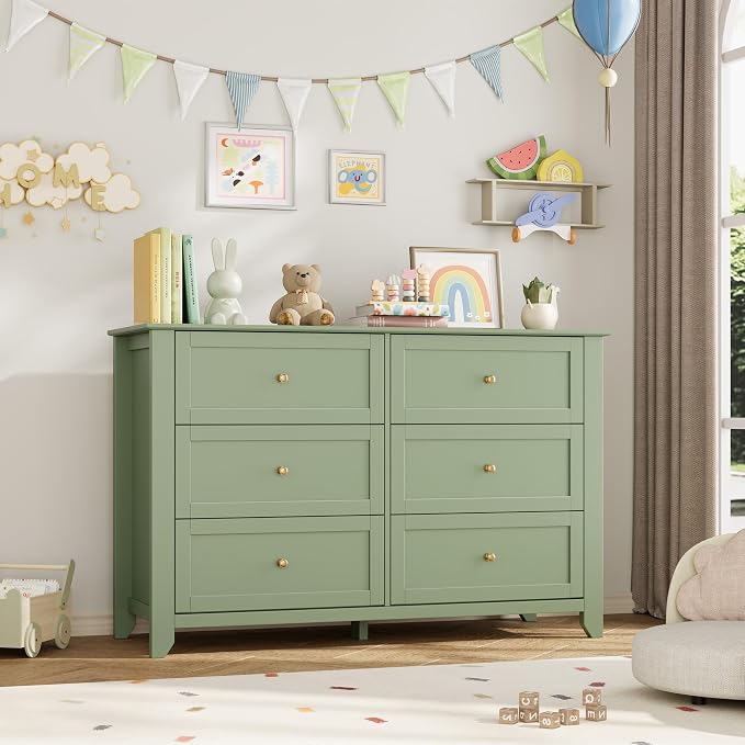Garvee 6 Drawer Dresser for Bedroom, 47.2" Wide Modern Large Chest of Drawers with Metal Knobs, Wooden Clothes Storage Organizer for Closet, Nursery, Living Room, Apartment, Sage Green | Lacquered Finish, Metal Knobs, Clothes Storage Organizer for Clos...