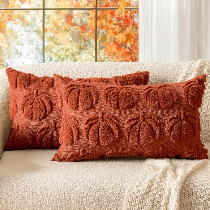 MIULEE Fall Pillow Covers Pumpkin Fall Decor Lumbar 12x20 Rust | Set of 2 Fall Decorations for Home, Plush Faux Fur Farmhouse Accent Pillowcases, Porch Sofa Couch Cushion Bed Livingroom
