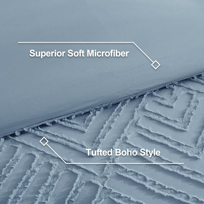 Litanika Oversized Queen Comforter Set, 3 Pcs Tufted Boho Bedding Set | Grayish Blue Farmhouse Shabby Chic Vintage Bohemian Textured Aesthetic Soft Fluffy Lightweight Breathable All Season Bed Set