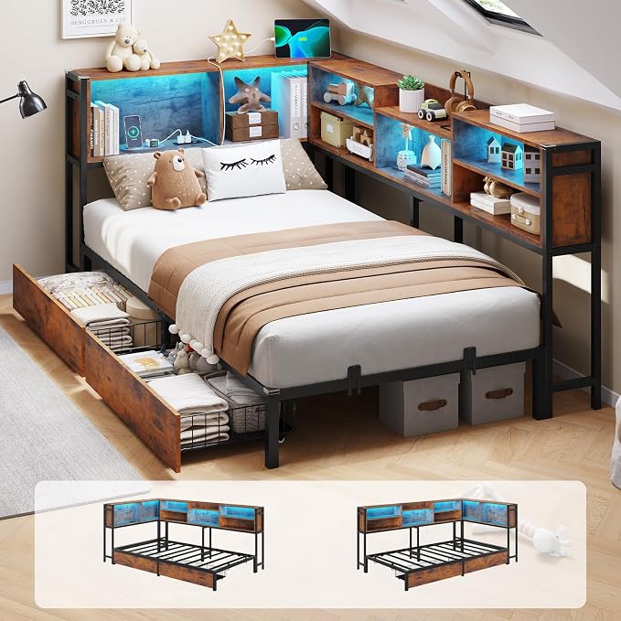 DICTAC Twin Corner Bed Frame with Bookcase Storage Headboard and Led Lights Twin Size Metal Platform Bed Frames with 2 Drawers and Charging Station,Twin Size Daybed with Storage for Kids Teen,Rustic