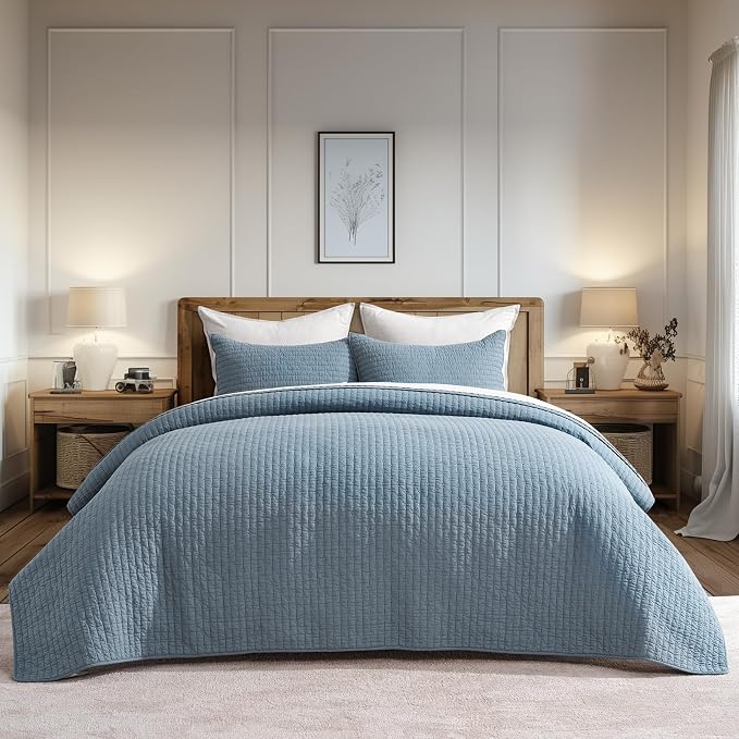 x Kinsey Walsh 100% Cotton Cross Stitch Quilt, King, Dusty Blue | 100% Cotton, Elegant Cross Stitch, Soft & Breathable, Prewashed Softness, Oversized Design, OEKO-TEX® Certified
