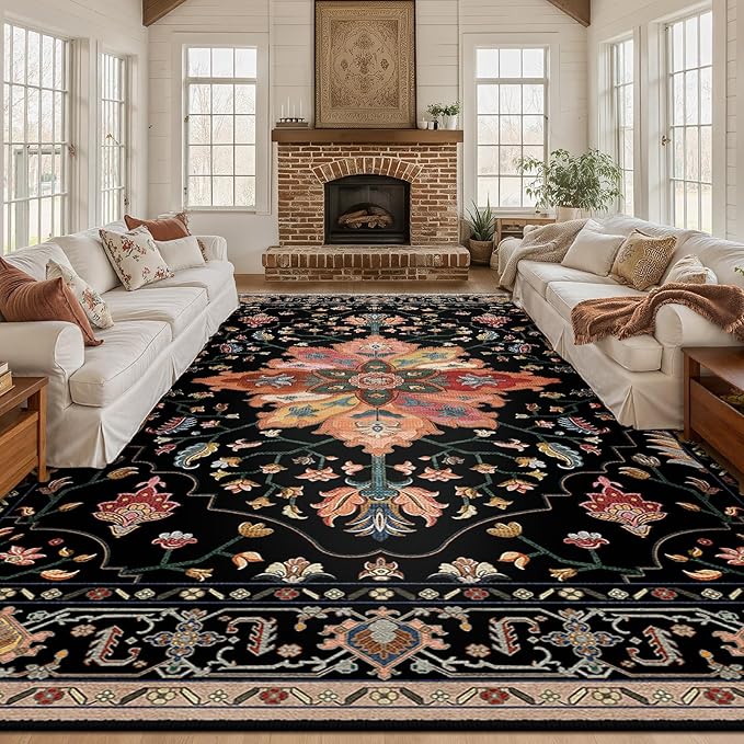 RELEANY Washable Area Rug, Large 10'x12', Black/Colorful | Non-Slip, Water Repellent, Pet Friendly, Easy to Clean, Vintage Floral Boho Decor for Living Room Bedroom Dining Room