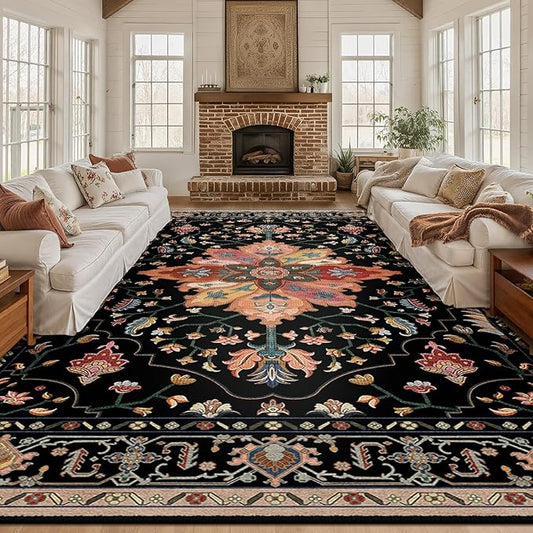 RELEANY Washable Area Rug, Large 10'x12', Black/Colorful | Non-Slip, Water Repellent, Pet Friendly, Easy to Clean, Vintage Floral Boho Decor for Living Room Bedroom Dining Room