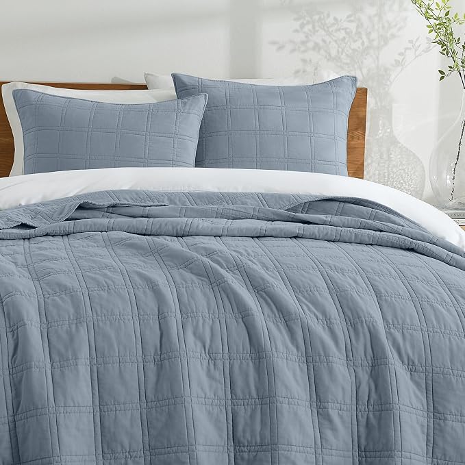 HORIMOTE HOME 100% Cotton Quilt Set Twin Size, Adriatic Blue Pre-Washed Bedspreads Coverlet Set in Geometric Pattern, Cozy Lightweight Stitching Decorative Bedding Cover with 1 Sham for All Season