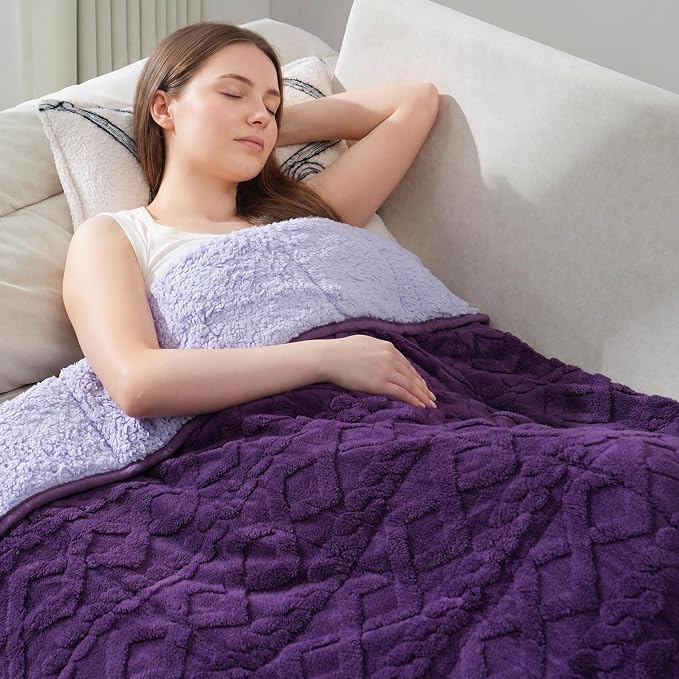 Drewin Weighted Blanket for Adults 15lbs,48" x 72",Dark & Light Purple | Great for Sleep Natural and Relaxing，Soft Jacquard Sherpa with Glass Beads，Cozy Heavy Throw Blankets，Machine Washable