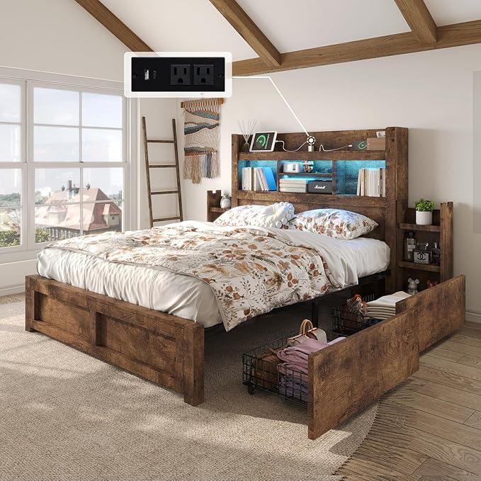 LUXOAK Full Bed Frame with Storage, Bookcase Headboard, Rustic Brown | 49.6" Headboard, Wood Platform Bed, Charging Station, Bedside Storage, 4 Storage Drawers, No Box Spring Needed, Farmhouse