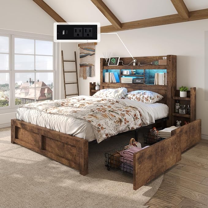 LUXOAK Queen Bed Frame with Storage, Bookcase Headboard, Rustic Brown | 49.6" Headboard, Wood Platform Bed, Charging Station, Bedside Storage, 4 Storage Drawers, No Box Spring Needed, Farmhouse