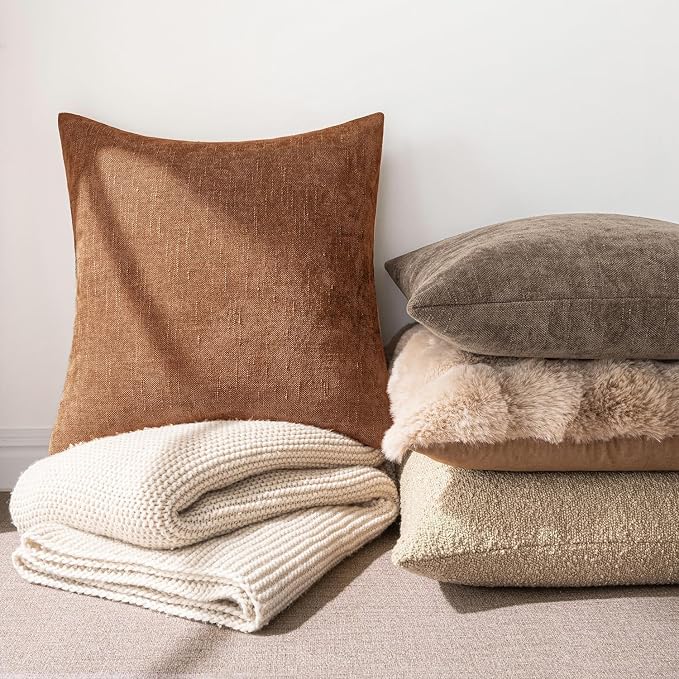 MIULEE Textured Chenille Throw Pillow Covers 18x18 Inch Pecan Brown | Pack of 2 Decorative Soft Throw Pillows, Solid Textured Cushion Covers, Modern Home Decor for Couch Sofa Bedroom Living Room