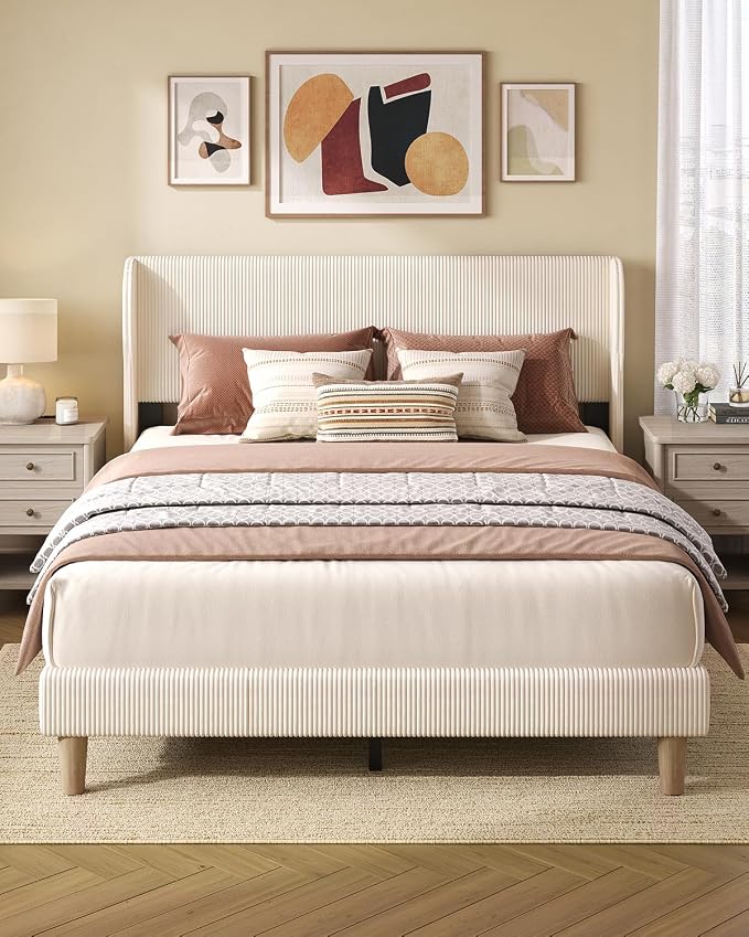 Bestier Queen Bed Frame with Wingback Headboard,Upholstered,Beige | Easy Assembly,Wingback Headboard,No Squeaks,Vertical Channel Corduroy Upholstered,Wooden Slats Support,No Box Spring Needed