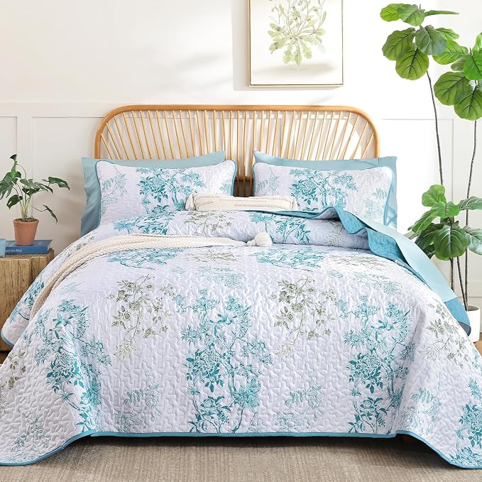 WONGS BEDDING Floral Quilt Set Full, 3 Pcs Teal Bedspreads Coverlets | Spring Summer Floral Farmhouse Bedspread with 2 Shams,Soft Microfiber Lightweight Coverlet for All Season 78"×90"