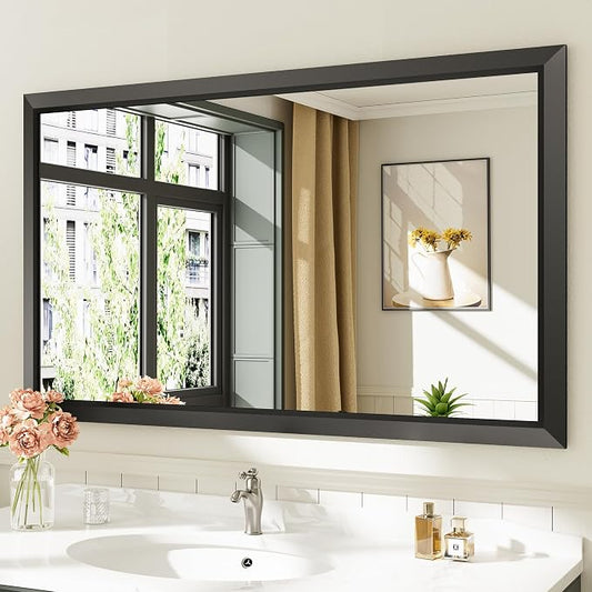 Black Metal Framed Bathroom Wall Mirror, 50x30 Inch | Anti-rust, HD tempered glass, for bathroom vanity, bedroom, living room, horizontal or vertical mount