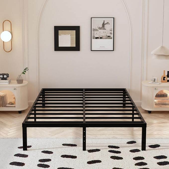 Maenizi 14 Inch Full Bed Frame with White Fabric Cover, Heavy Duty Metal Bed Frame Full, No Box Spring Needed, Support Up to 3000 lbs, Easy Assembly, Noise Free, Black