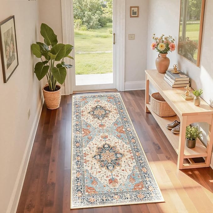 RELEANY Washable Area Rug, Runner 2'x6', Beige/Blue/Orange | Non-Slip, Water Repellent, Pet Friendly, Easy to Clean, Vintage Floral Boho Decor for Kitchen Entry Bedroom Bedside Laundry