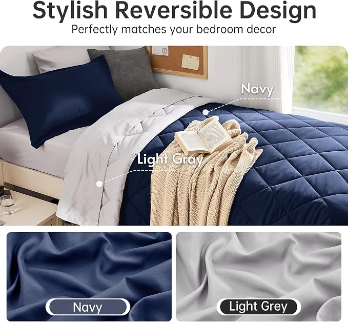 5 Pieces Twin XL Comforter Set, Reversible Bed in a Bag Twin XL Size, All Season Bedding Set with Comforter, Flat Sheet, Fitted Sheet, Pillowcases & Shams, Navy & Light Grey