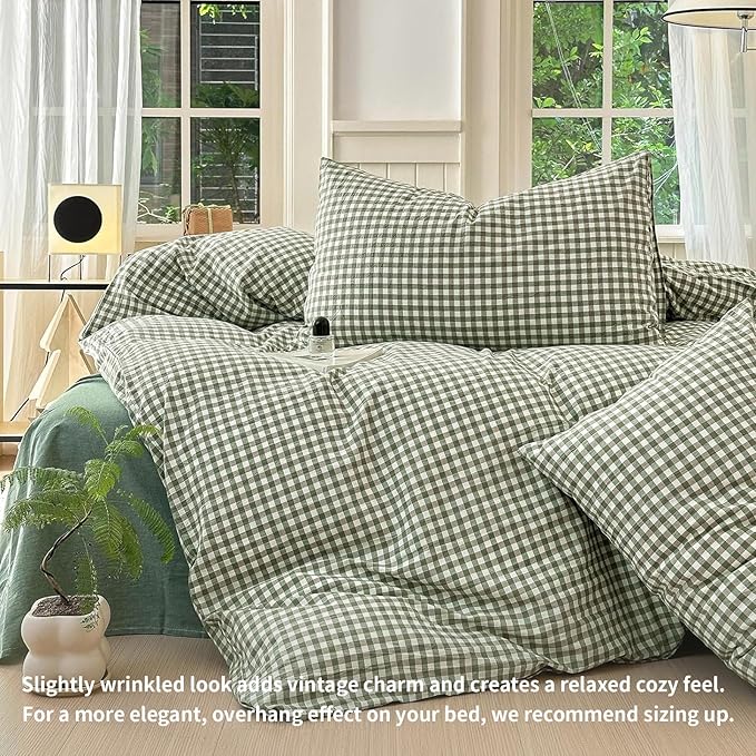 LifeTB Green Gingham Comforter Set King Modern Style Plaid Comforter Set 3 Pieces Boho Grid Comforter with 2 Pillowcases Soft Fluffy Checkered Pattern Comforter Farmhouse Gingham Bedding Set King