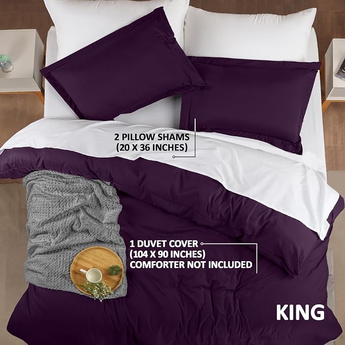 Duvet Cover King, 3 Piece Cotton Like Polyester With Zipper Closure, Purple | Extra Soft and Breathable, Wrinkle & Fade Resistant, Includes Duvet Cover and 2 Pillow Shams, Comforter Not Included, OekoTex