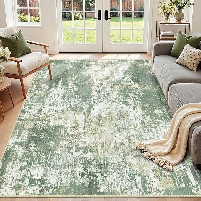 RELEANY Washable 9'x12' Abstract Area Rug for Living Room Light Green | Carpet for Bedroom, Kitchen, Office, Hallway and Entryway, Printed Pattern, Non‑Slip, Soft, Stain‑Resistant, Easy to Clean