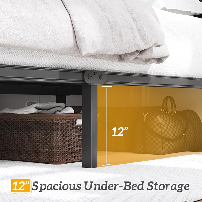 HISOFT Queen Bed Frame with Upholstered Button Tufted Headboard, Bed Frame Platform Metal Slats Support, Under Bed Storage, No Box Spring Needed, Noise-Free, Easy Assembly, Black