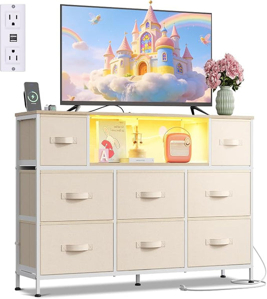 WLIVE LED Dresser TV Stand for 55 Inch TV, 8 Drawers, Cream White | Fits TVs up to 55 inch, 8 fabric drawers, LED chest of drawers, Built-in power outlet, Living room or bedroom
