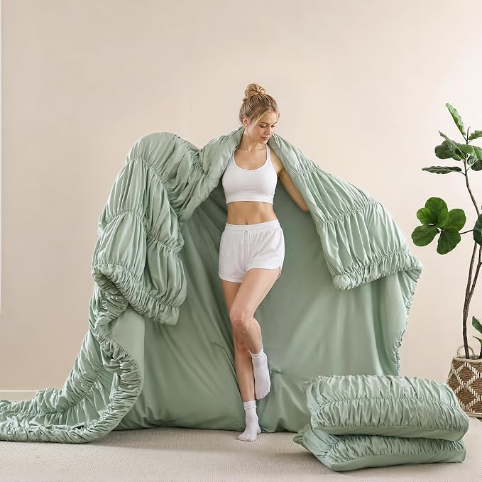 weigelia Sage Green Ruched Comforter Set Queen Size, Cute Bedding Set | All Season, Soft Microfiber Comforter, Cozy Cinched Design for Home & Bedroom Decor (1 Comforter,2 Pillowcases)