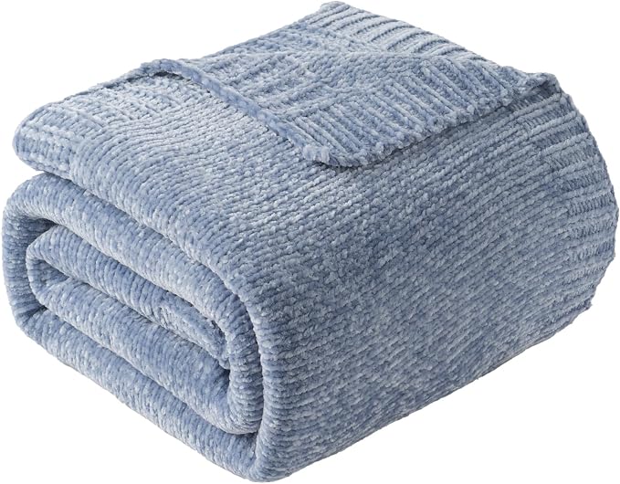 BATTILO HOME Blue Grey Chenille Throw Blanket for Couch, 51"x67" | Shiny Chenille Blanket, Blue Knit throw Blanket, Soft & Breathable, Summer Throw for Couch, Bed & Sofa