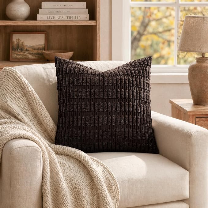 MIULEE Corduroy Decorative Throw Pillow Covers 18x18 Dark Brown Pack of 2 | Soft Boho Striped Pillow Covers Modern Farmhouse Fall Home Decor For Sofa Living Room Couch Bed