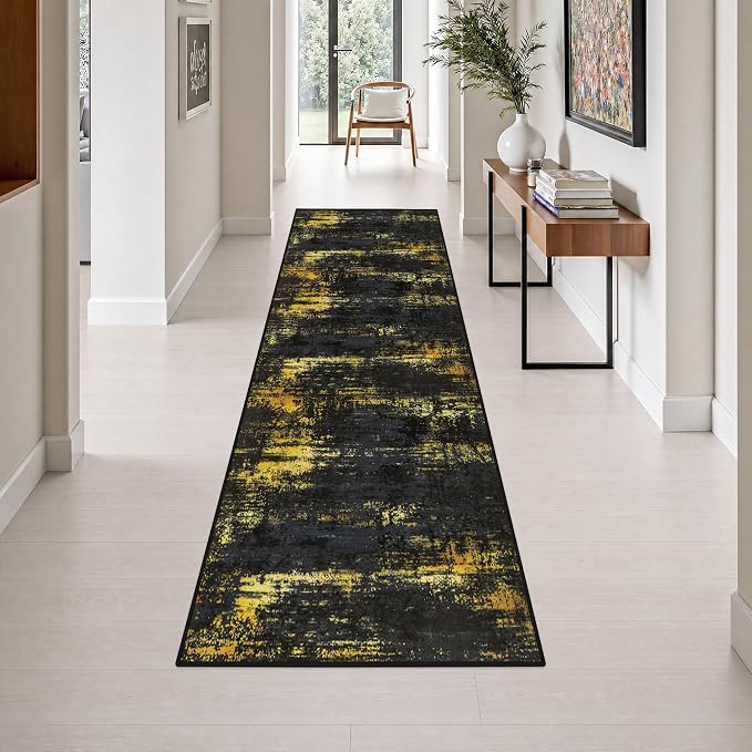 2.6x10 Washable Runner Rug:Modern Abstract Soft Carpet Black Gold | For Hallway, Bedroom, Kitchen, Laundry, Bathroom,Door Mat,Modern Abstract,Machine washable,Non-Slip,Stain Resistant,Indoor