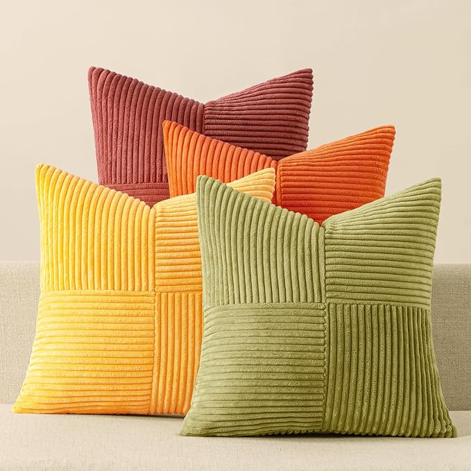 MIULEE Fall Yellow Orange Rust Throw Pillow Covers 18x18 Inch 4 Packs Boho Farmhouse Decorative Color-Clash Pillow Cases Soft Cushion Cases for Couch Sofa Bed Corduroy Striped Home Decor