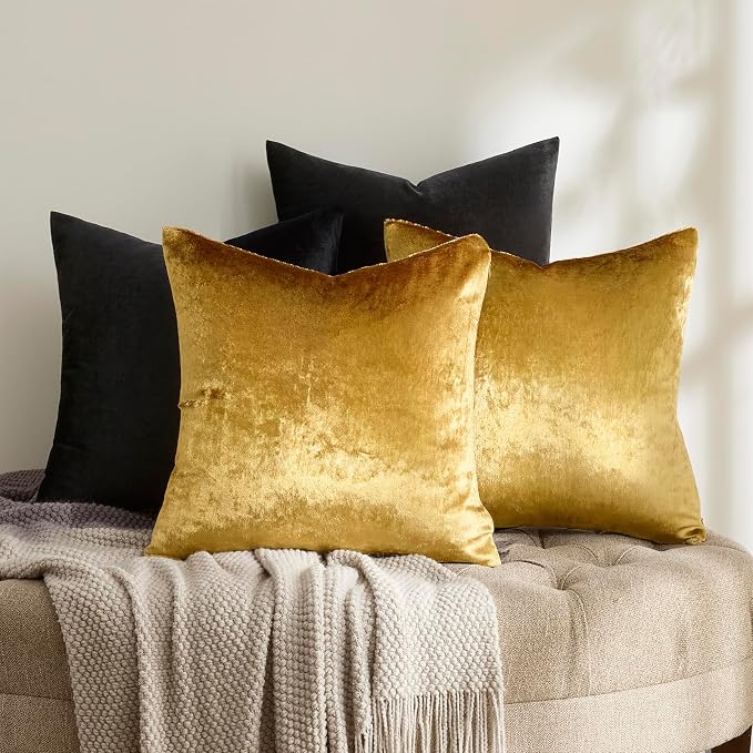 GIGIZAZA Pack of 4 Decorative Velvet Pillow Covers 20x20 Black Gold | Throw Pillows for Couch Sofa,280gsm Soft Textured Fabric,Modern Accent Pillowcases,Luxury Living Room Cushion Covers