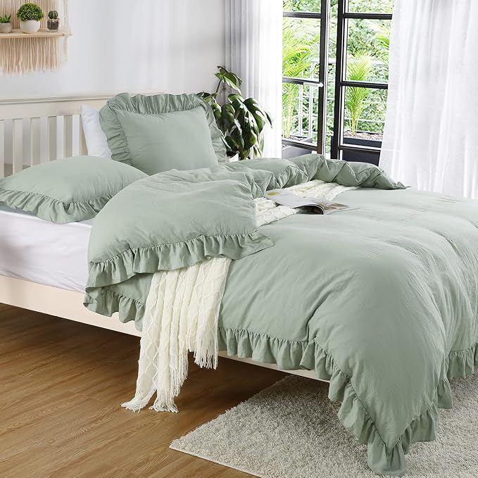 CAROMIO Ruffle Duvet Cover King Size, 3PCS Soft Washed Microfiber Vintage French Country Duvet Cover Set with Button Closure, Sage Green, 104x90 in