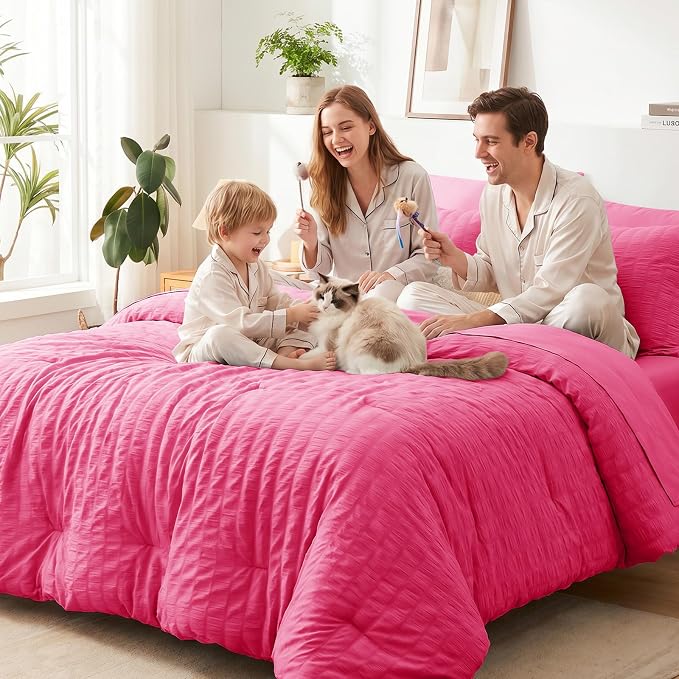 King Size Comforter Set, 7 Pieces Hot Pink Seersucker Bed in a Bag | OEKO-TEX Certified, All Season Bedding Set with 240 GSM Down Alternative Comforter, Flat & Fitted Sheets, Pillowcases & Shams