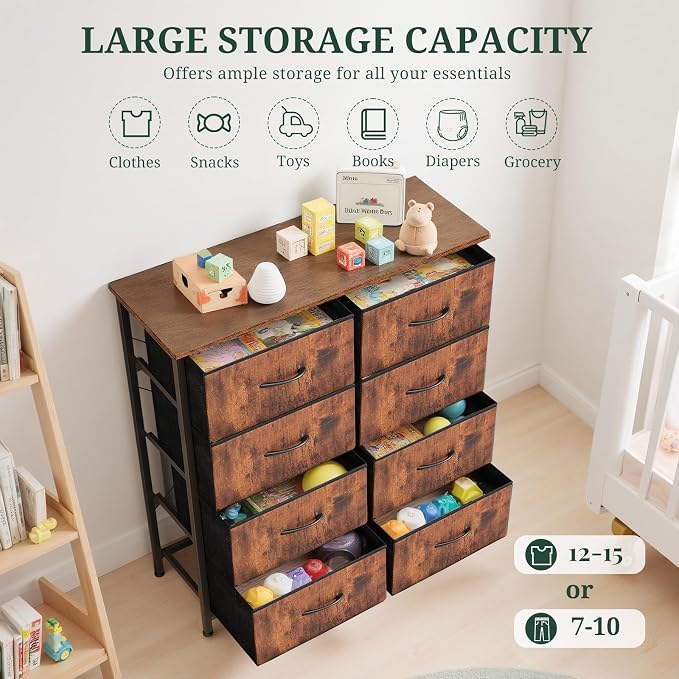 8-Drawer Dresser for Bedroom, Anti-Tip Tall Storage Organizer | Chest of Drawers with Wooden Top and Metal Frame Fabric Bins for Closet, Living Room, Hallway, Entryway, Brown