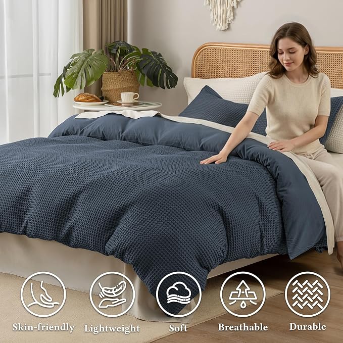 David's Home Textured Waffle Weave Duvet Cover Set, Queen Size, Indigo | Breathable Cozy for All Season, 300GSM, 3PCS Home Bedding Decor, OEKO-TEX Certified, Hidden Zipper, 8 Corner Ties, 90" X 90"