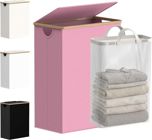 efluky Slim Laundry Basket with Lid, Narrow Laundry Hamper with Removable Bag, Skinny Dirty Clothes Basket with Bamboo Handles for Bathroom, Bedroom & Laundry Room, 65L Pink