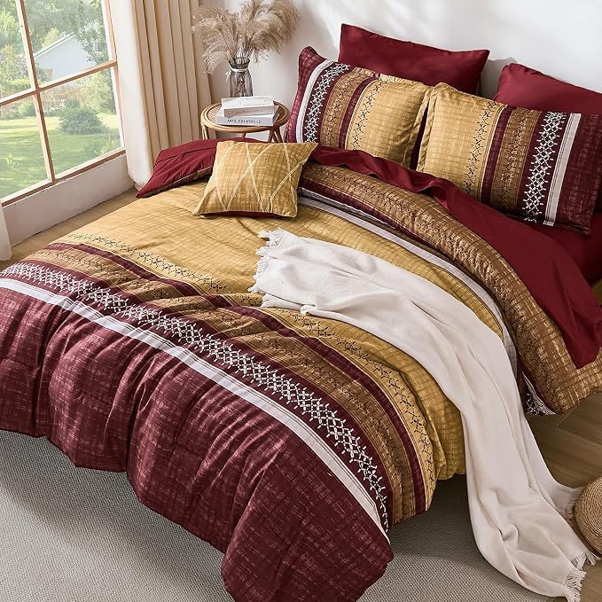 Dintszyayue Burgundy Queen Comforter Size Set, 8 Pieces Boho Striped Texture Bed in a Bag Sets, Lightweight Soft Bohemian Comforter and Sheet Set, All Season Microfiber Bedding Sets for Men Women