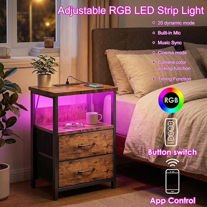 Fixwal Night Stand with Charging Station, Led Nightstand, 2 Fabric Drawers | rustic brown, built-in bedside charger, 2 AC outlets & 2 USB ports, open top shelf, small bedroom furniture, end table